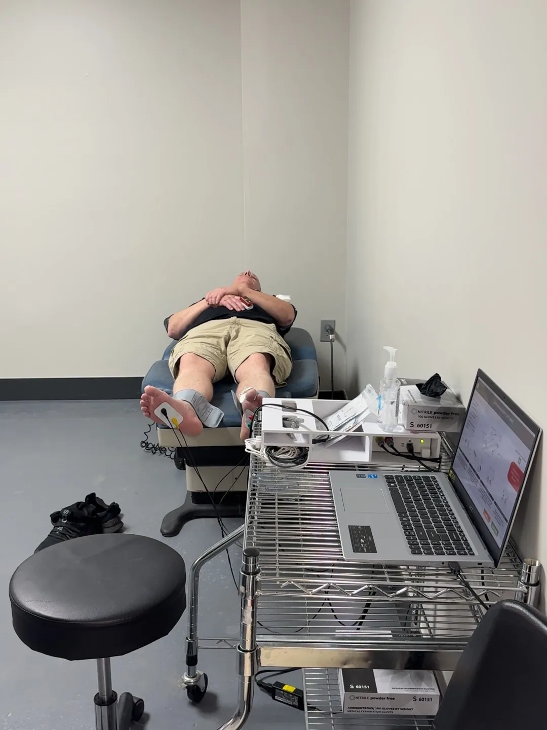 Patient reclined during peripheral vascular and nerve testing (CMAT) at Regenerve, St. Louis